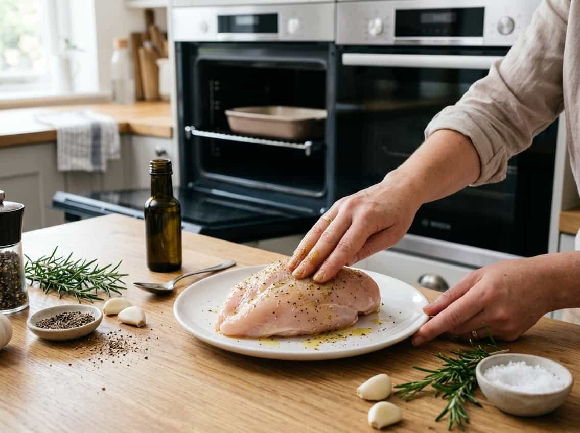 Raw chicken breast on a plate being seasoned with herbs and spices next to an open oven.