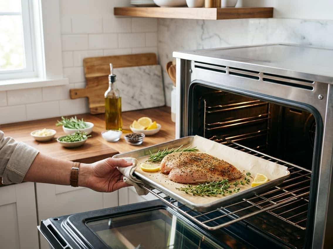 Raw seasoned chicken breast being placed on a baking tray into an open oven in a kitchen with fresh ingredients on the countertop.