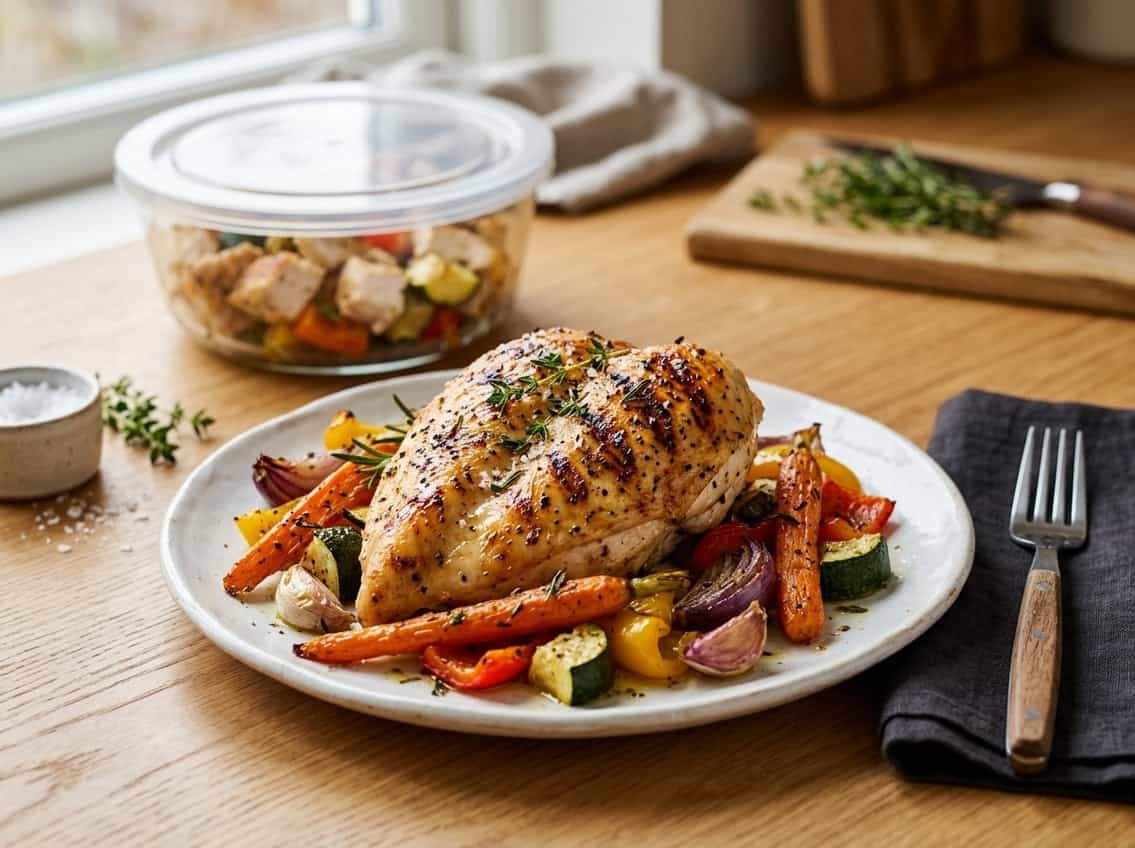 Cooked chicken breast on a plate with roasted vegetables and a bowl of leftover chicken on a kitchen countertop.