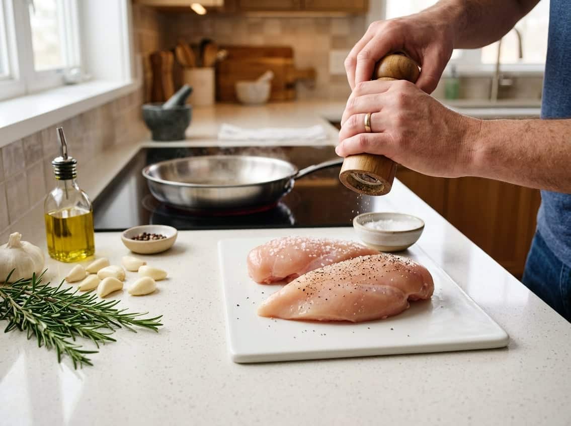 Hands seasoning raw chicken breasts on a kitchen countertop with fresh herbs and a skillet on the stove in the background.
