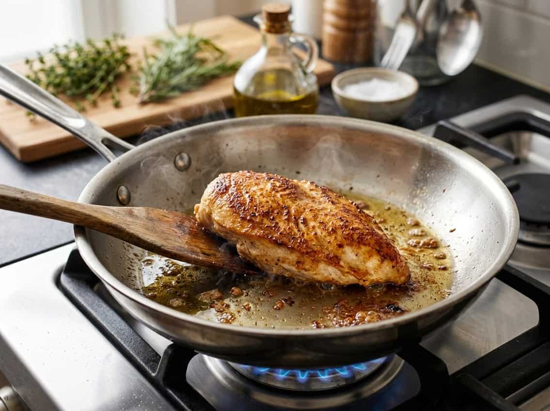 Close-up of a chicken breast cooking in a pan on a stovetop with steam rising.