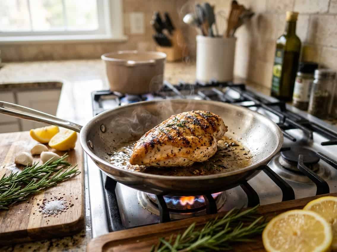 Close-up of a cooked chicken breast in a frying pan on a stove with fresh herbs and lemon slices nearby in a kitchen.