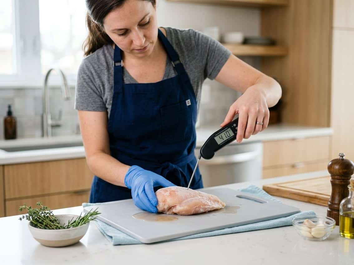 Person checking the temperature of a frozen chicken breast with a meat thermometer in a clean kitchen.