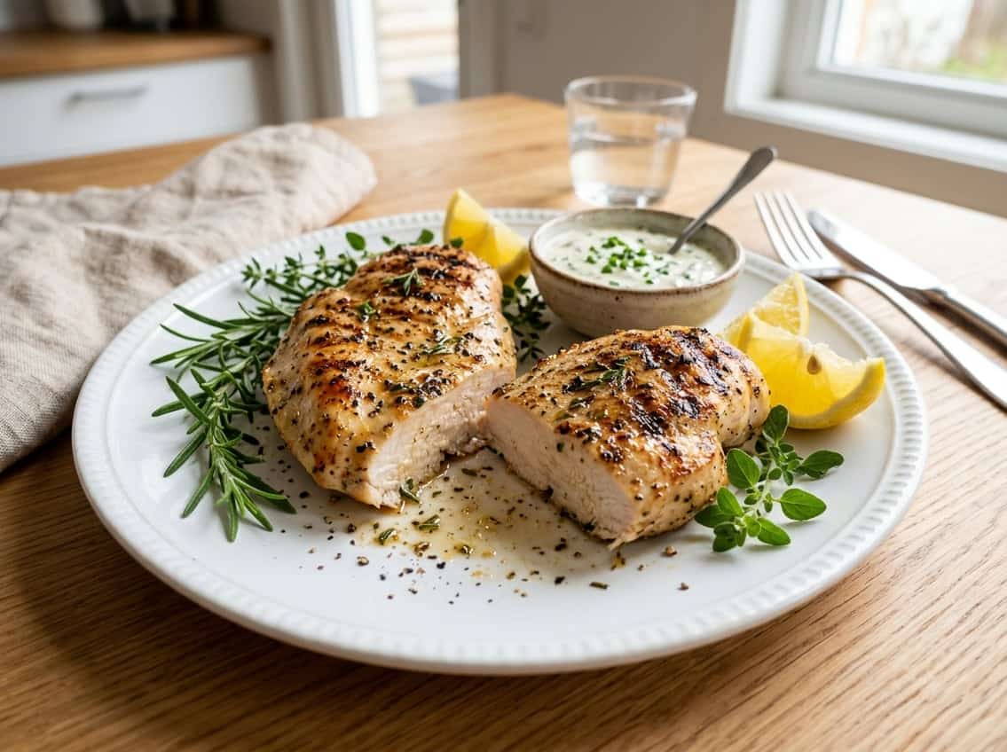 Close-up of cooked chicken breasts on a plate with herbs, lemon wedges, and dipping sauce on a kitchen countertop.