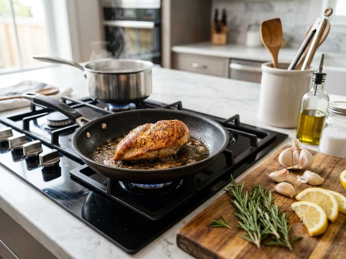 A cooked chicken breast sizzling in a skillet on a stove with fresh herbs and lemon slices nearby in a kitchen.