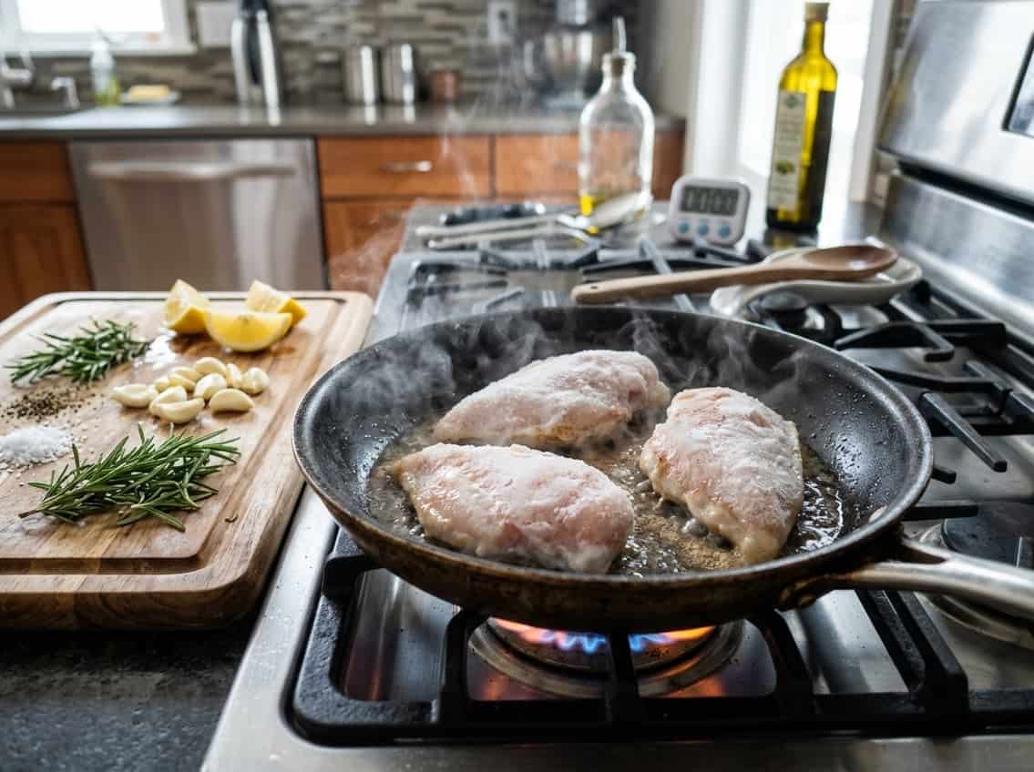 Close-up of chicken breasts cooking in a skillet with fresh herbs and lemon on a kitchen countertop.