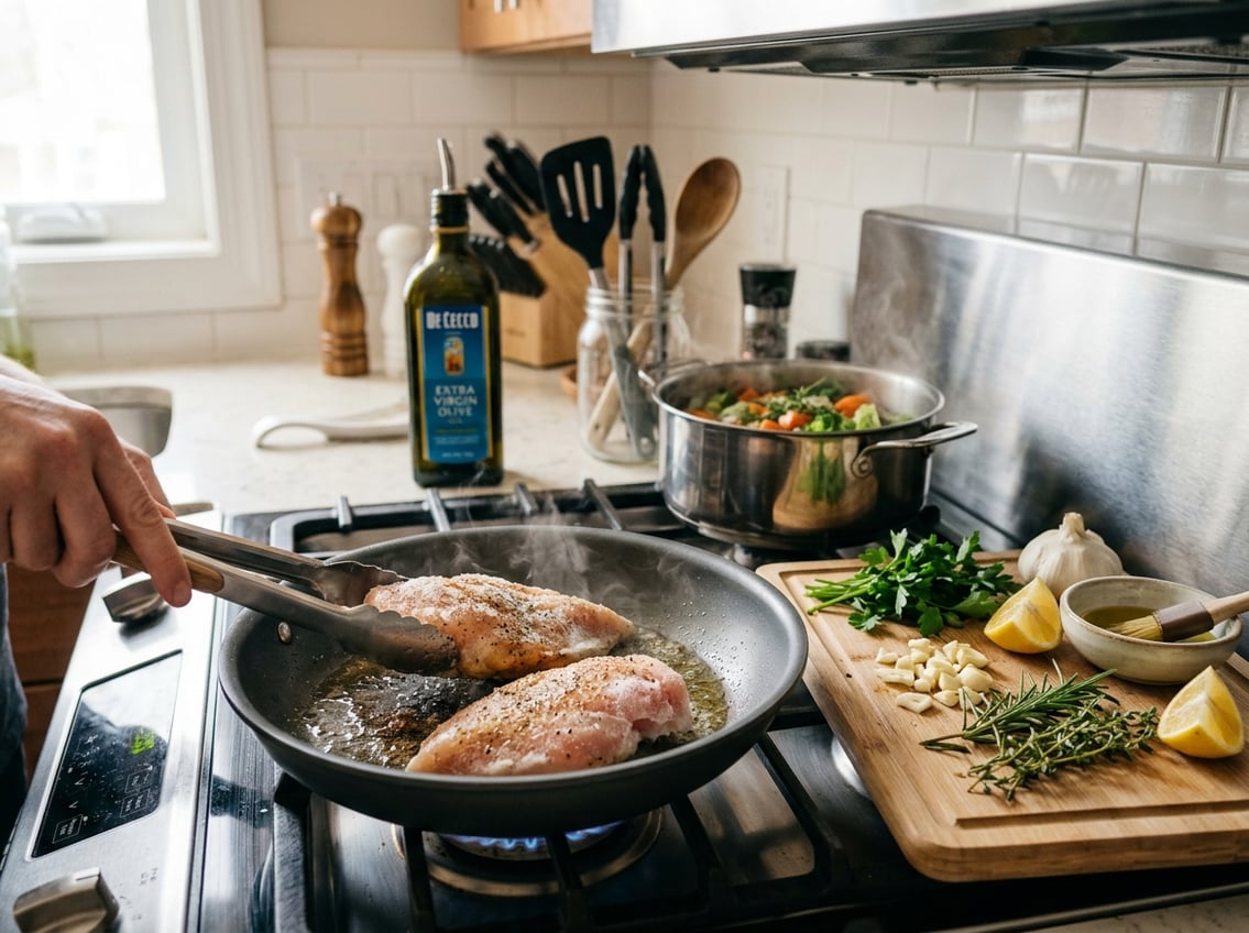 Close-up of chicken breasts cooking in a skillet with fresh herbs and ingredients on a kitchen countertop.