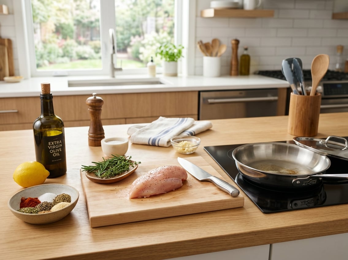 Kitchen countertop with raw chicken breast, spices, olive oil, lemon, knife, frying pan, and fresh herbs ready for cooking.
