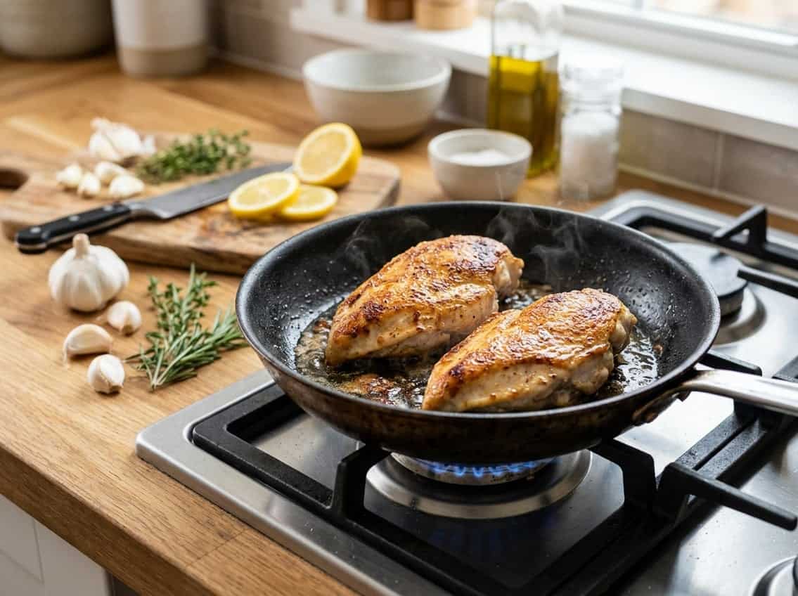 Close-up of chicken breasts cooking in a skillet on a stove with fresh herbs and lemon nearby.