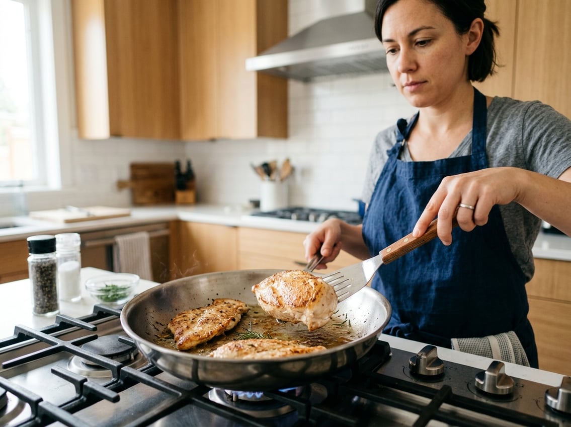 Person cooking chicken breasts of varying thickness in a pan on a stovetop.