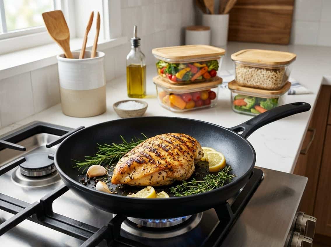 Cooked chicken breast in a frying pan on a stovetop with fresh ingredients and glass containers of leftovers on a kitchen countertop.