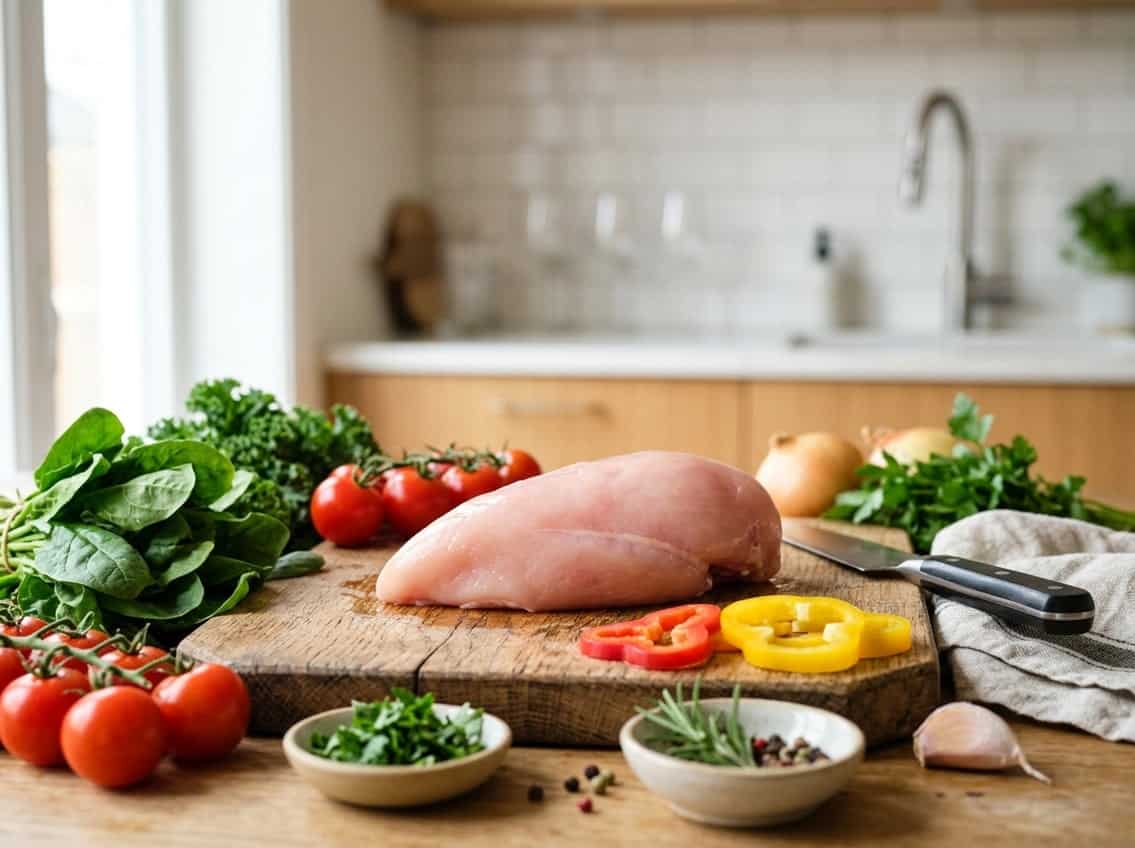 Raw chicken breast on a wooden cutting board surrounded by fresh vegetables in a kitchen setting.