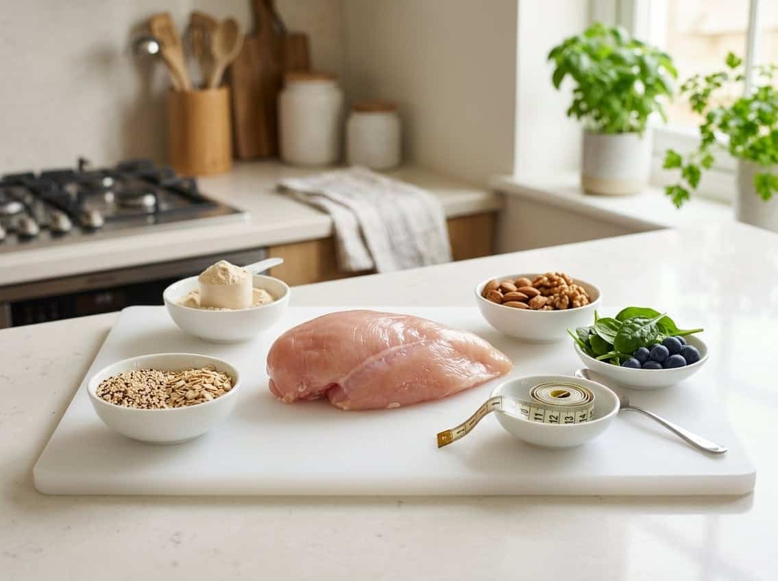 A raw chicken breast on a white cutting board with small bowls of nutritional ingredients and a measuring tape on a kitchen countertop.