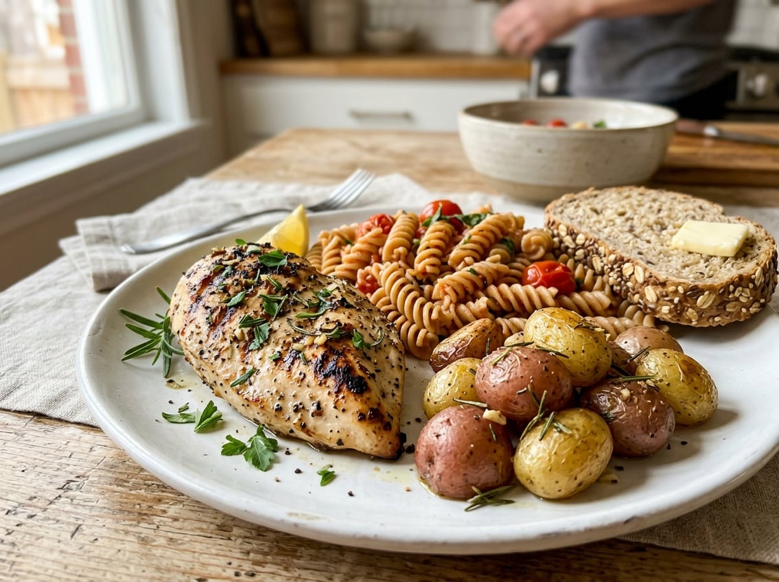 A grilled chicken breast on a plate surrounded by bread, pasta, and potatoes in a kitchen setting.