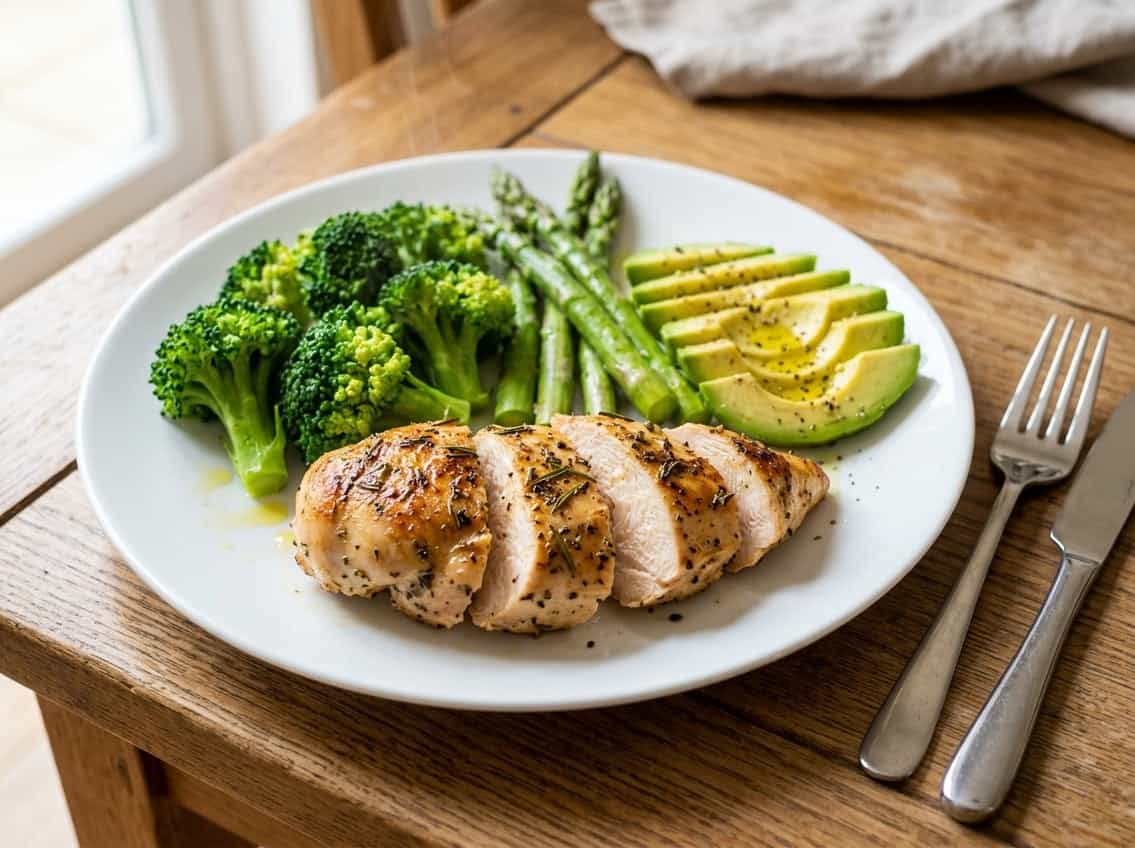 A cooked chicken breast on a white plate with broccoli, asparagus, and sliced avocado on a wooden table.