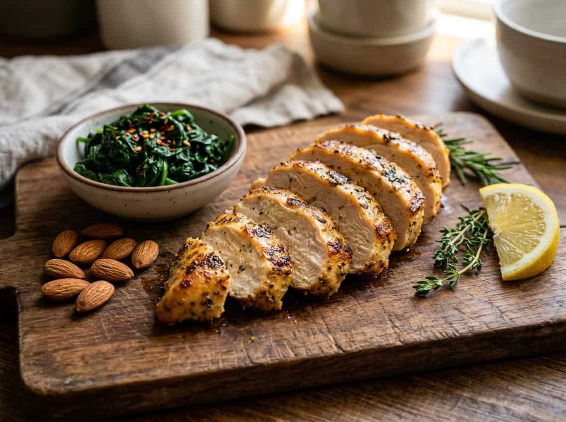Sliced cooked chicken breast on a wooden cutting board with spinach, almonds, and a lemon wedge nearby.