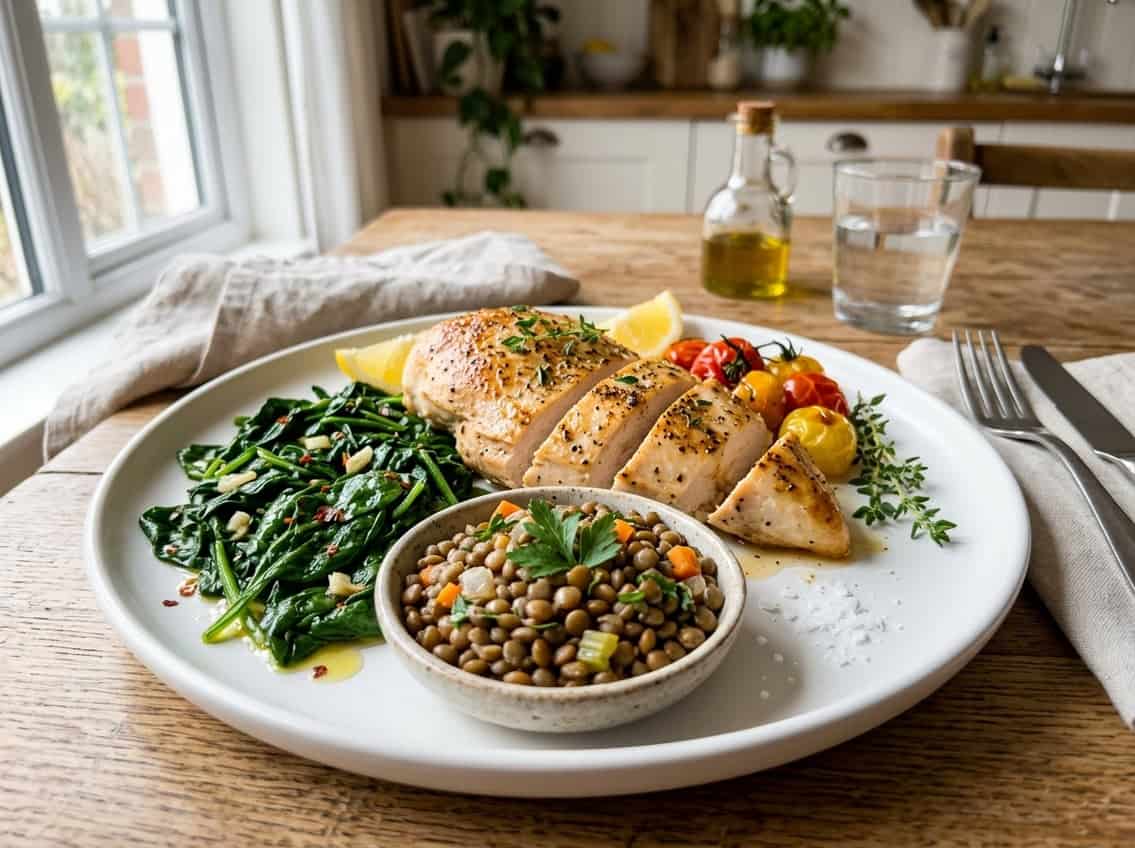A cooked chicken breast on a white plate with spinach leaves and a bowl of lentils on a bright kitchen table.