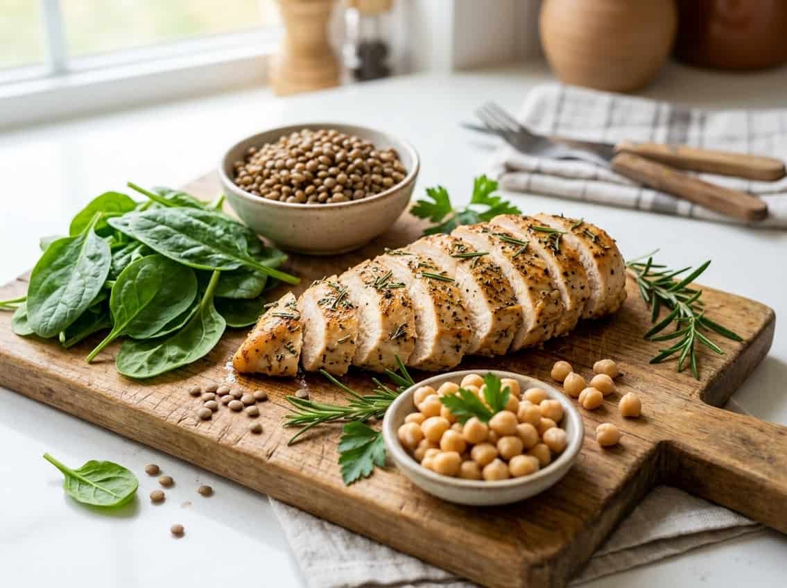 Sliced cooked chicken breast on a wooden cutting board surrounded by spinach, lentils, and chickpeas on a kitchen countertop.