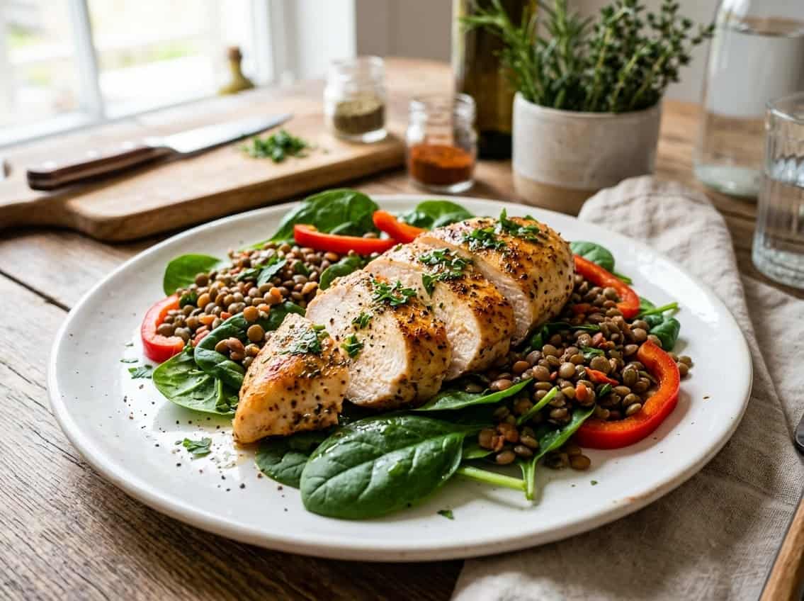 Close-up of a cooked chicken breast on a plate with fresh spinach, lentils, and red bell pepper slices on a kitchen countertop.