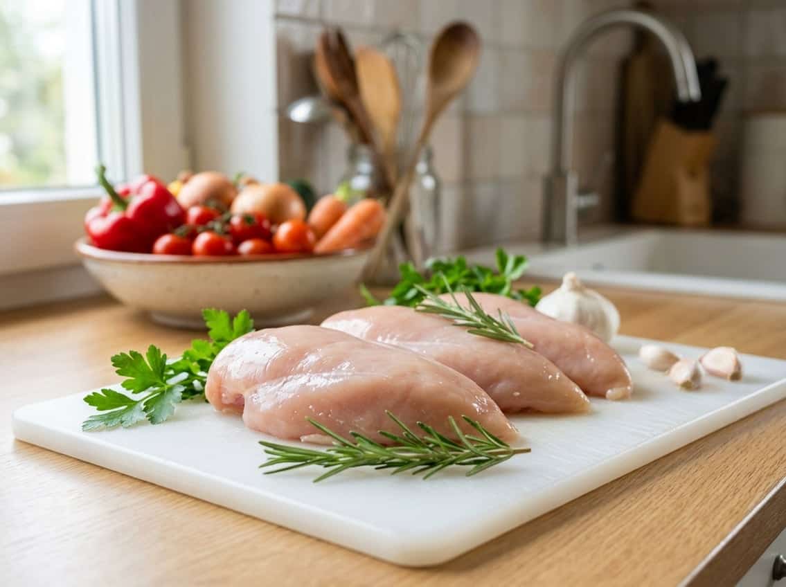 Close-up of fresh, boneless raw chicken breasts on a white cutting board with herbs and garlic in a kitchen setting.