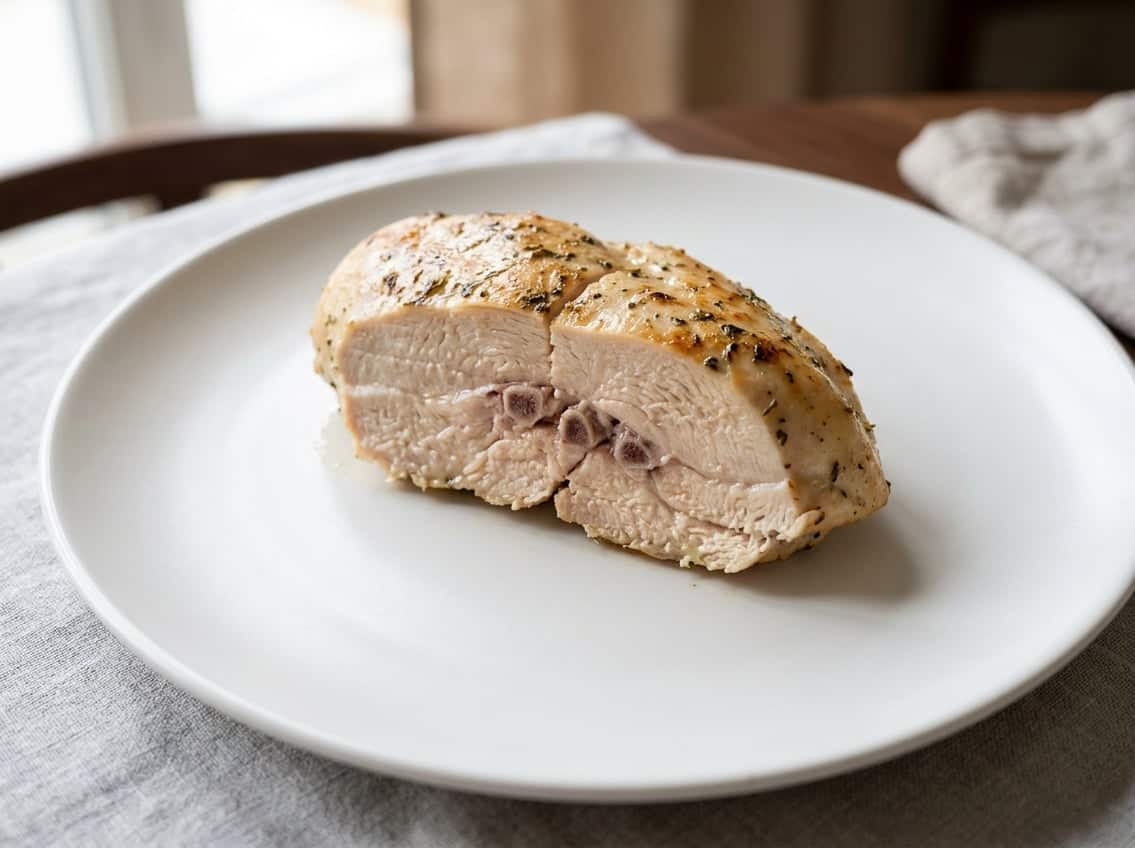 Close-up of sliced cooked chicken breast on a white plate with small bone fragments visible inside the meat.