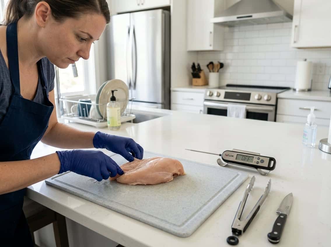 A person wearing gloves inspecting a raw chicken breast on a cutting board in a clean kitchen.