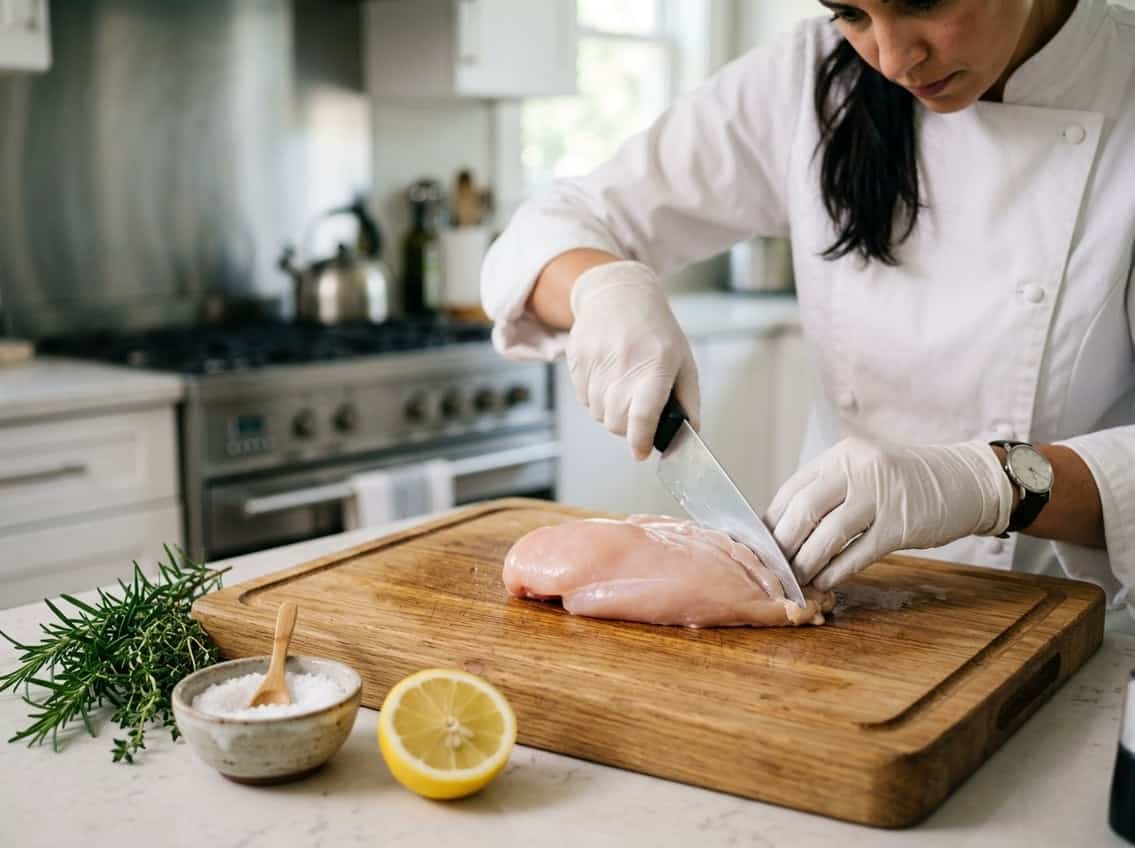 A chef preparing a boneless chicken breast on a wooden cutting board in a kitchen with fresh herbs and a lemon nearby.