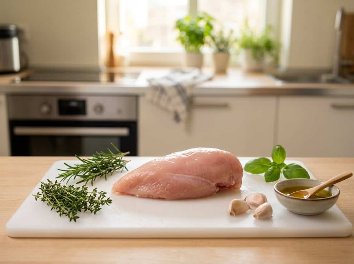 A raw chicken breast on a white cutting board with herbs and garlic in a kitchen.