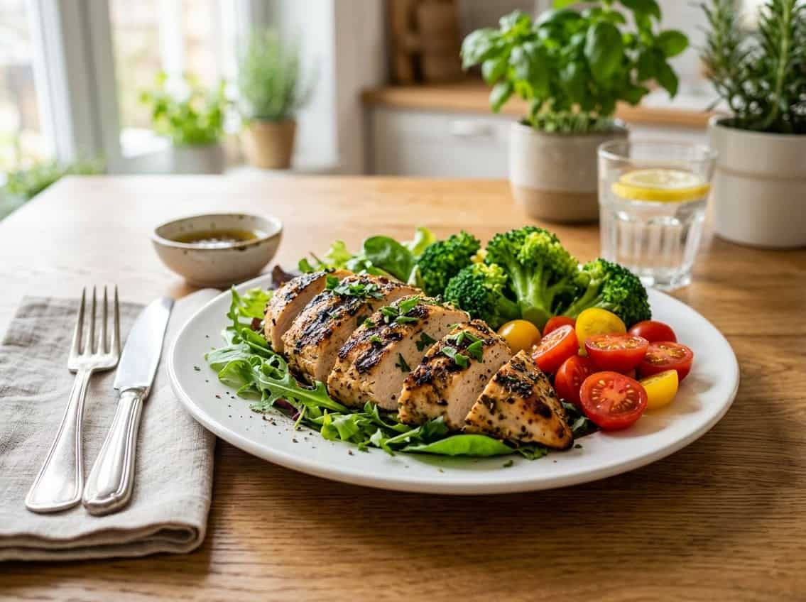 Grilled chicken breast served with fresh vegetables on a white plate on a kitchen table.