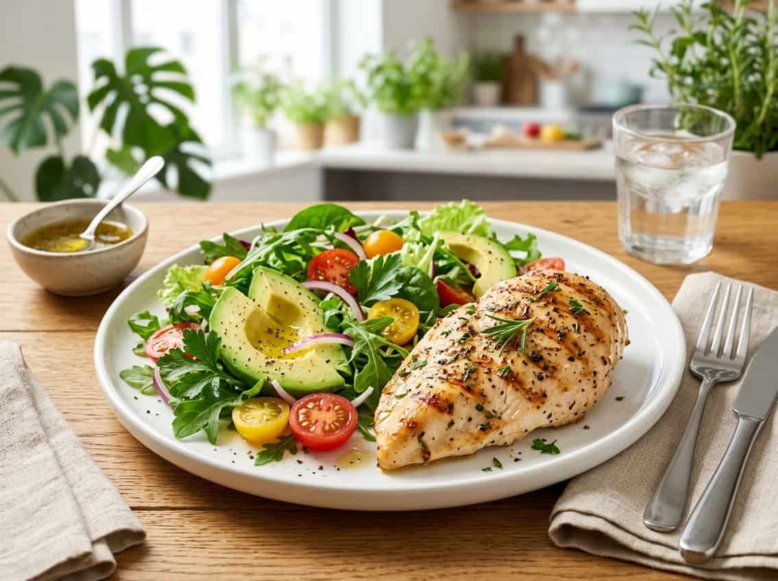 A cooked chicken breast on a white plate with a fresh salad of greens, tomatoes, and avocado on a dining table.