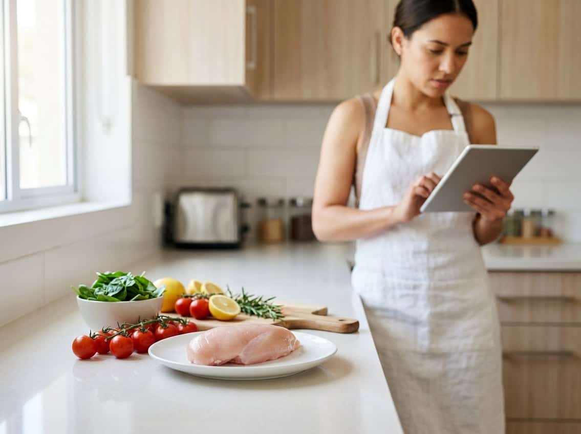 A kitchen countertop with a raw chicken breast on a plate surrounded by fresh vegetables, and a person in the background checking nutritional information.
