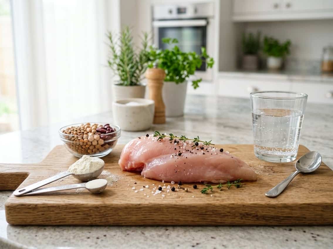 A raw chicken breast on a wooden cutting board surrounded by ingredients representing protein and nutrition on a kitchen countertop.