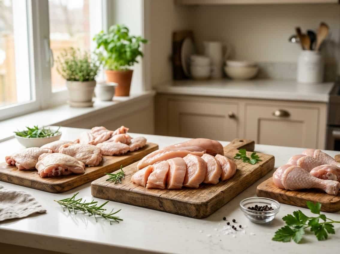 Various raw chicken cuts including chicken breast, thighs, drumsticks, and wings arranged on wooden cutting boards with fresh herbs on a kitchen countertop.