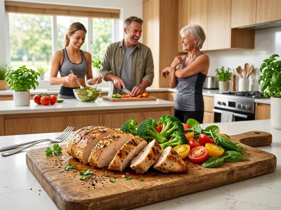 Sliced cooked chicken breast on a cutting board with fresh vegetables, with diverse adults in the background preparing food and exercising.