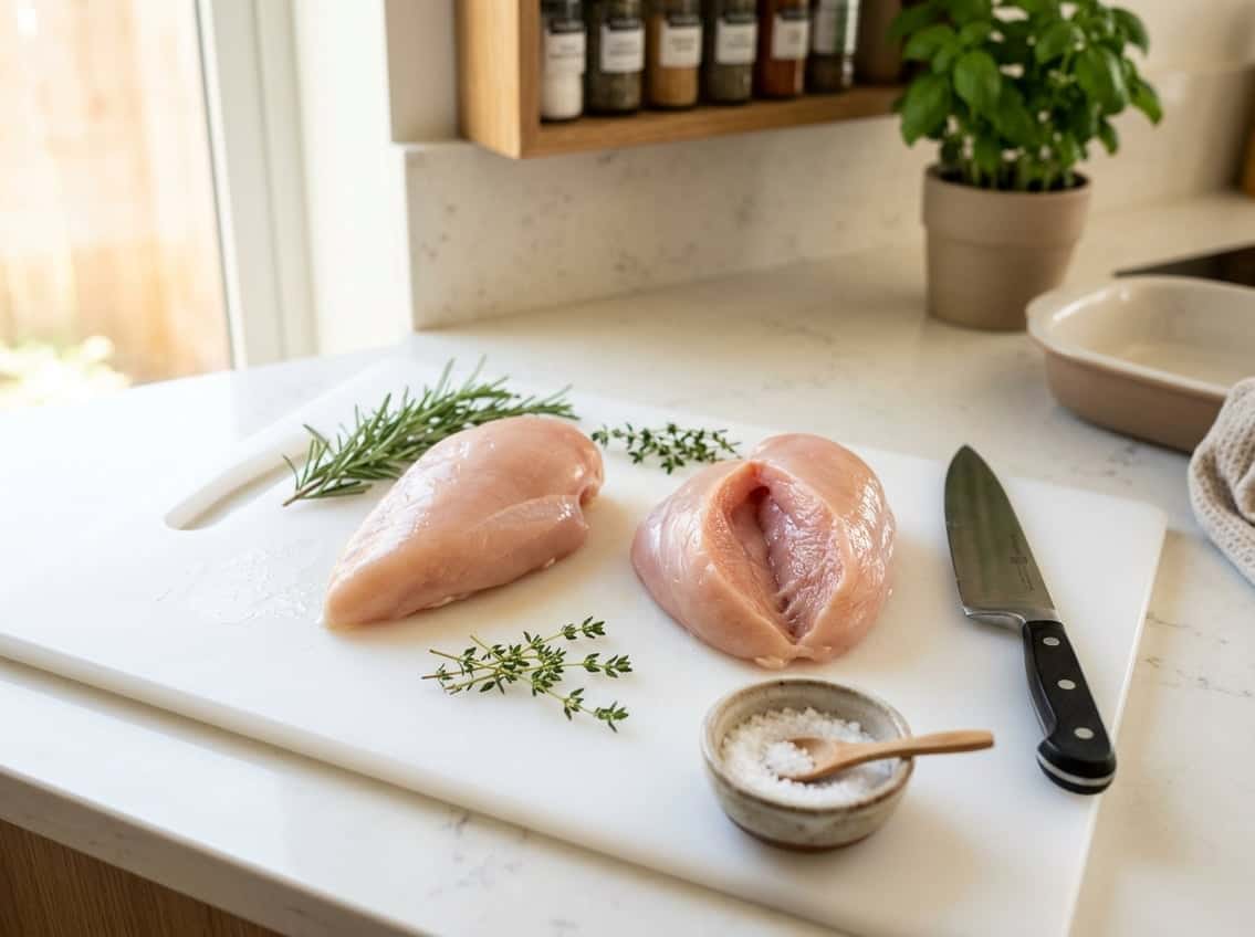 Close-up of raw chicken breasts on a cutting board with fresh herbs and a kitchen knife nearby.
