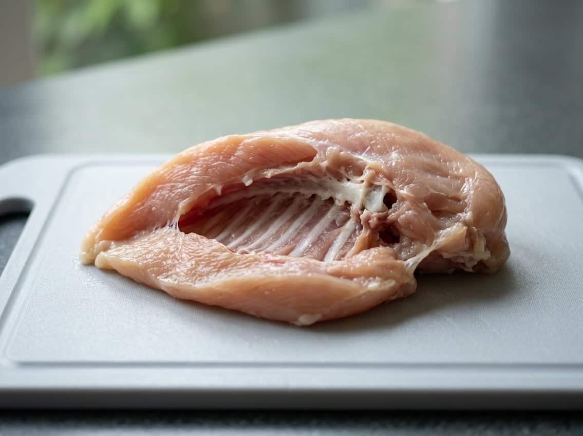 Close-up of a raw chicken breast partially dissected to show the bones inside on a white cutting board.