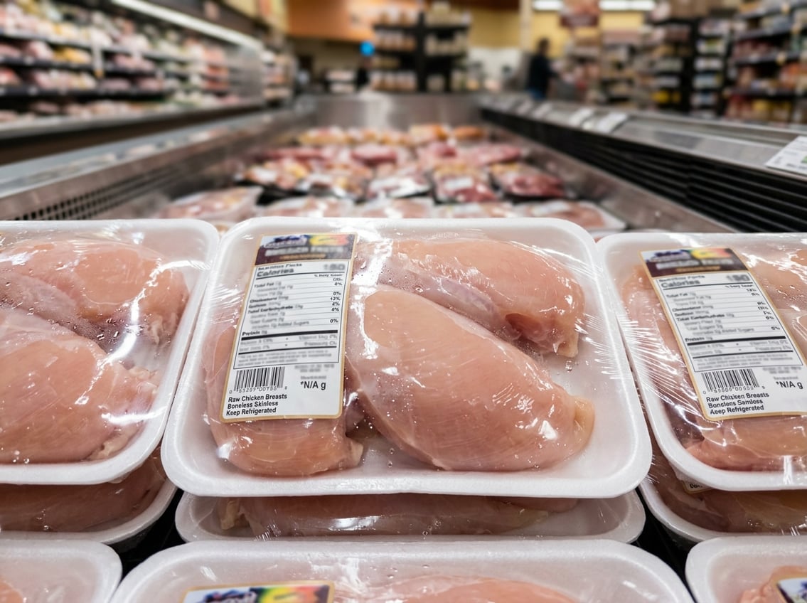 Close-up of packaged chicken breasts in a grocery store refrigerated display, showing fresh boneless chicken on white trays wrapped in clear plastic.
