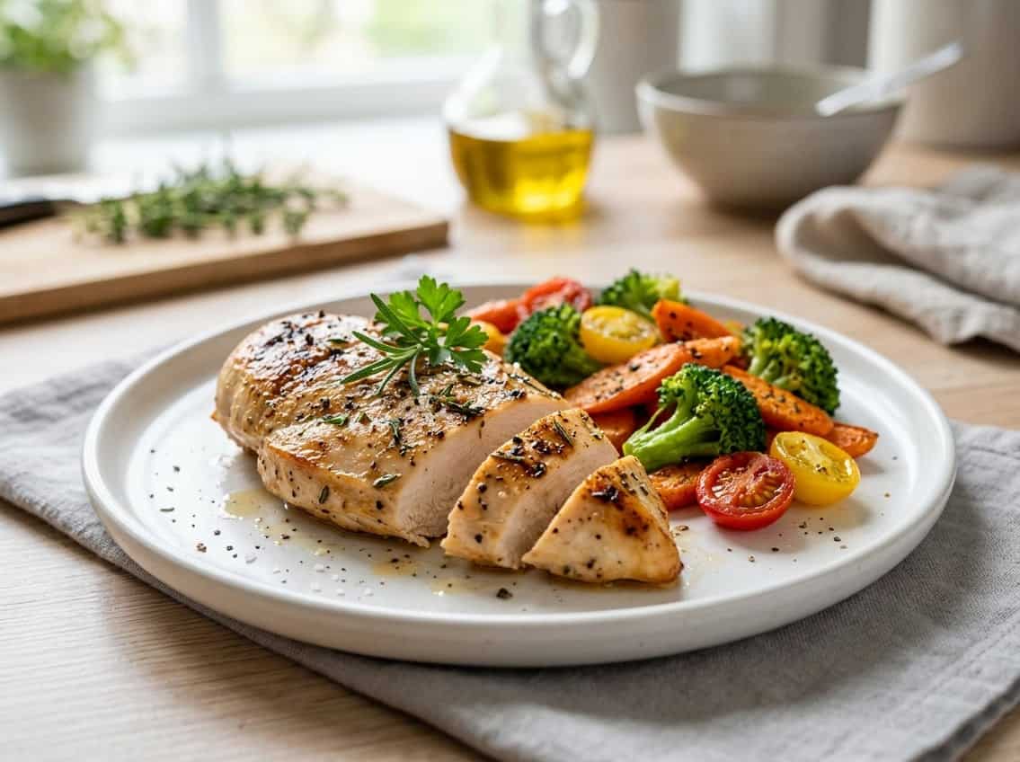 A cooked chicken breast on a white plate with mixed vegetables on a kitchen countertop.