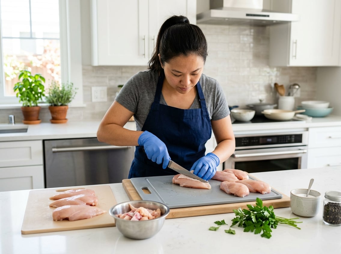 A person wearing gloves preparing raw chicken breasts on a cutting board in a clean kitchen.