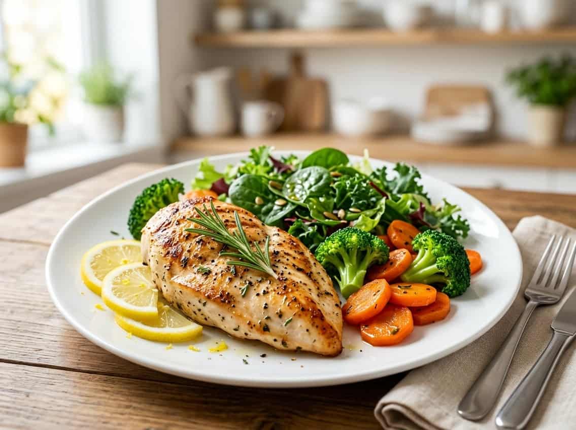 A cooked chicken breast on a white plate surrounded by fresh vegetables including broccoli, carrots, and leafy greens.
