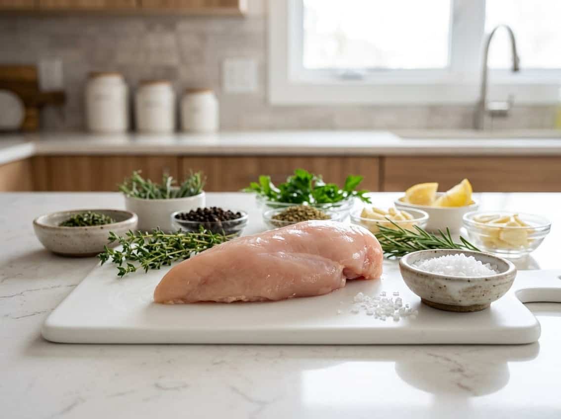 Raw chicken breast on a white cutting board with small bowls of salt and herbs in a bright kitchen.
