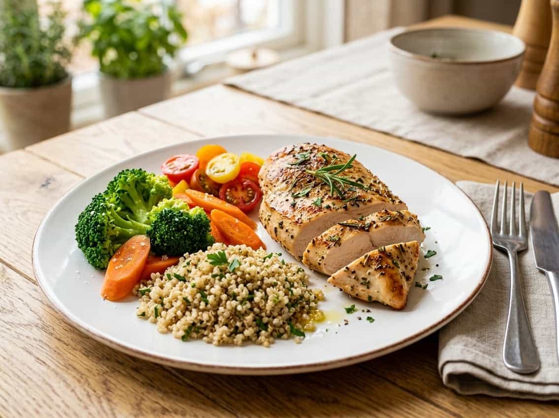 A plate with a cooked chicken breast, steamed vegetables, and whole grains arranged as a balanced meal.