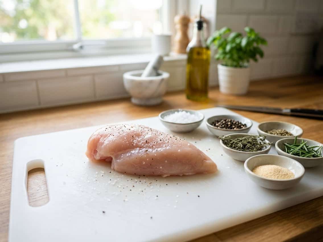 Fresh raw chicken breast on a cutting board surrounded by small bowls of seasonings in a bright kitchen.
