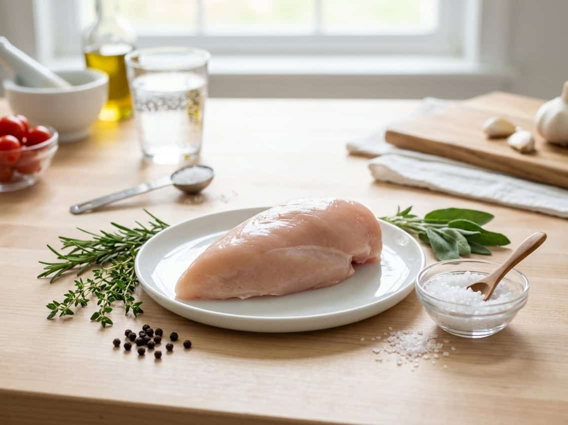 A raw chicken breast on a white plate with a small bowl of sea salt and fresh herbs on a kitchen countertop.