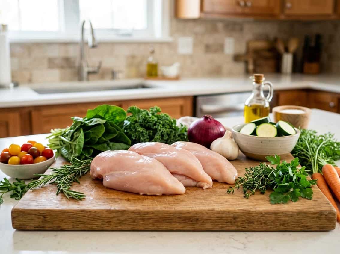 Raw chicken breasts on a wooden cutting board with fresh vegetables in a kitchen setting.