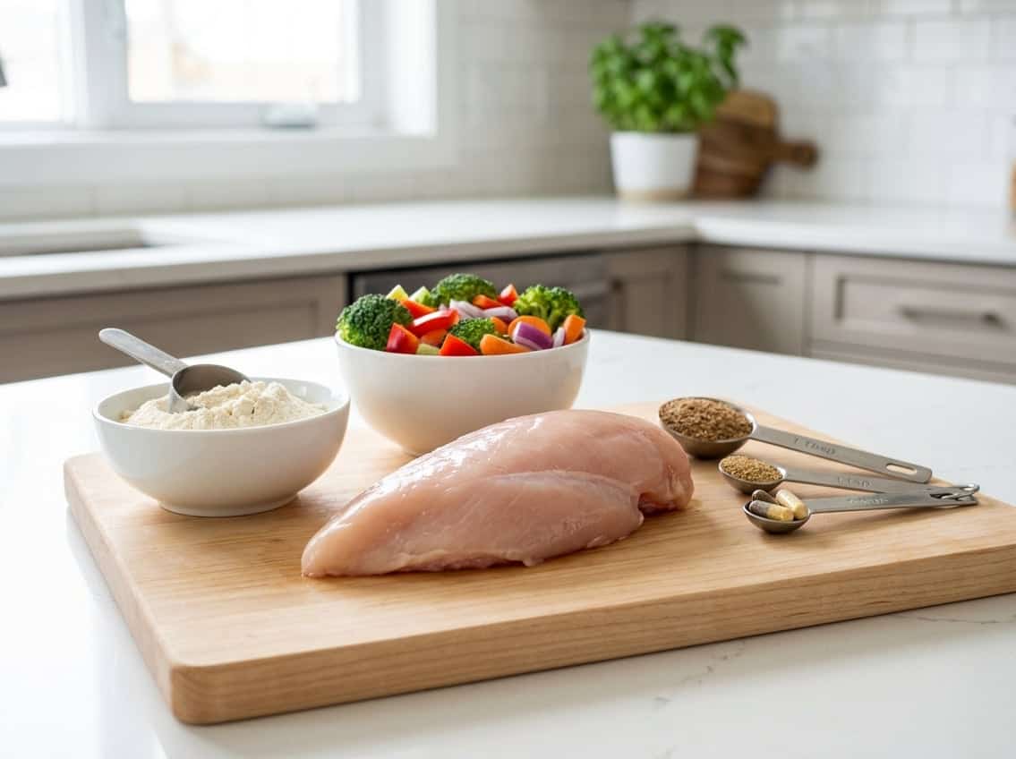 A raw chicken breast on a white cutting board with small bowls of vegetables and nutritional supplements around it in a bright kitchen.
