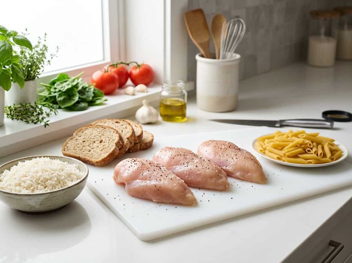 Raw chicken breasts on a cutting board surrounded by bread, pasta, and rice in a kitchen setting.