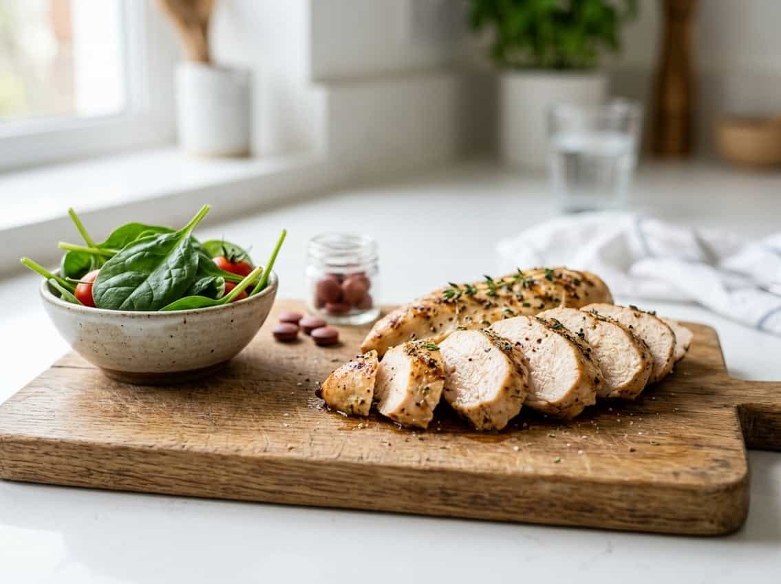 Sliced cooked chicken breast on a wooden cutting board with spinach leaves and iron supplement pills on a kitchen countertop.