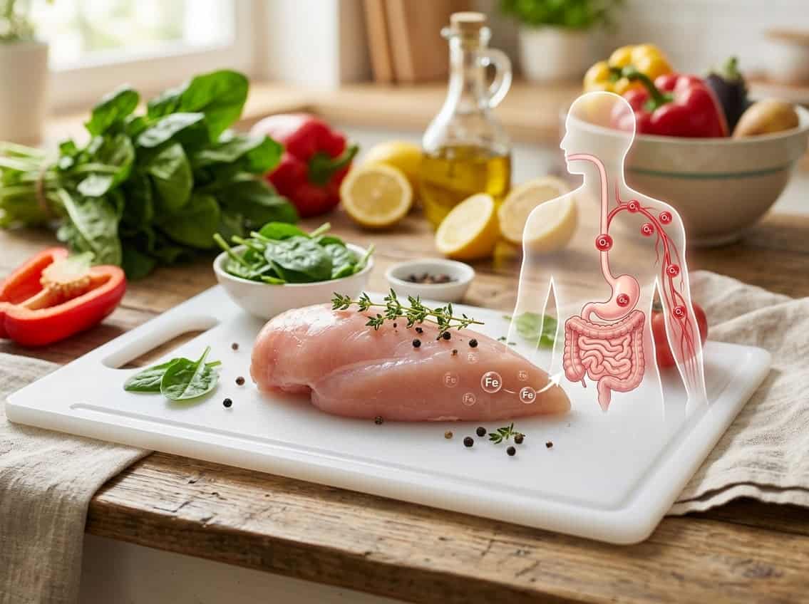 Raw chicken breast on a cutting board with fresh vegetables and a subtle illustration of the human bloodstream in the background.