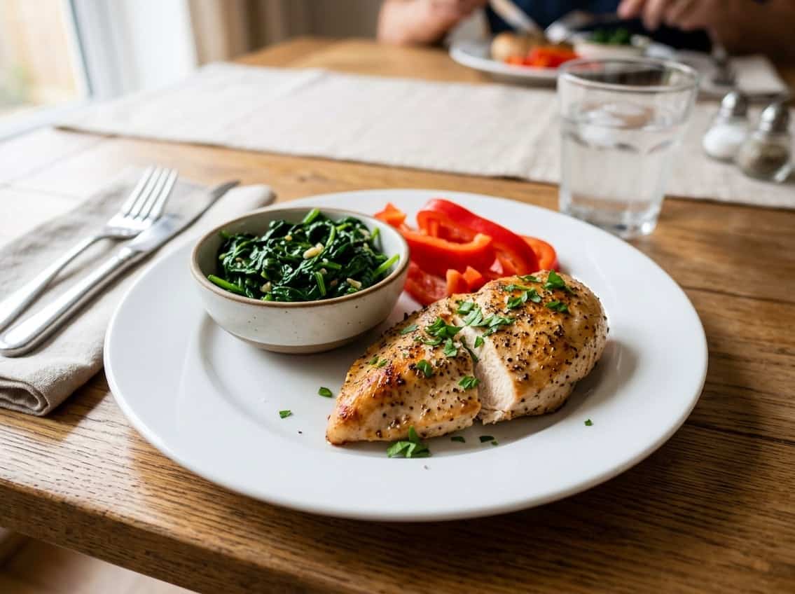 A cooked chicken breast on a white plate with spinach and red bell pepper slices on a wooden table, with a glass of water and cutlery nearby.